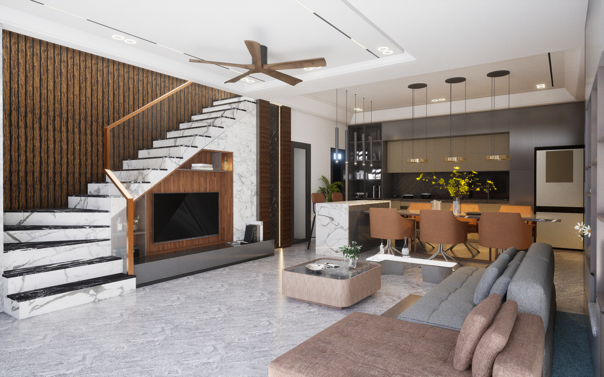 Eclectic dining and open kitchen featuring bold patterned floors and global spice rack wall display | Material Depot