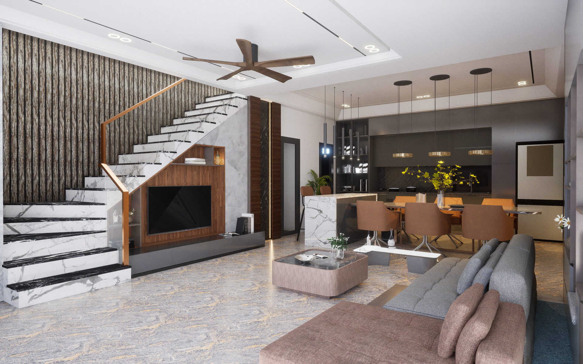 Eclectic dining and open kitchen featuring bold patterned floors and global spice rack wall display | Material Depot