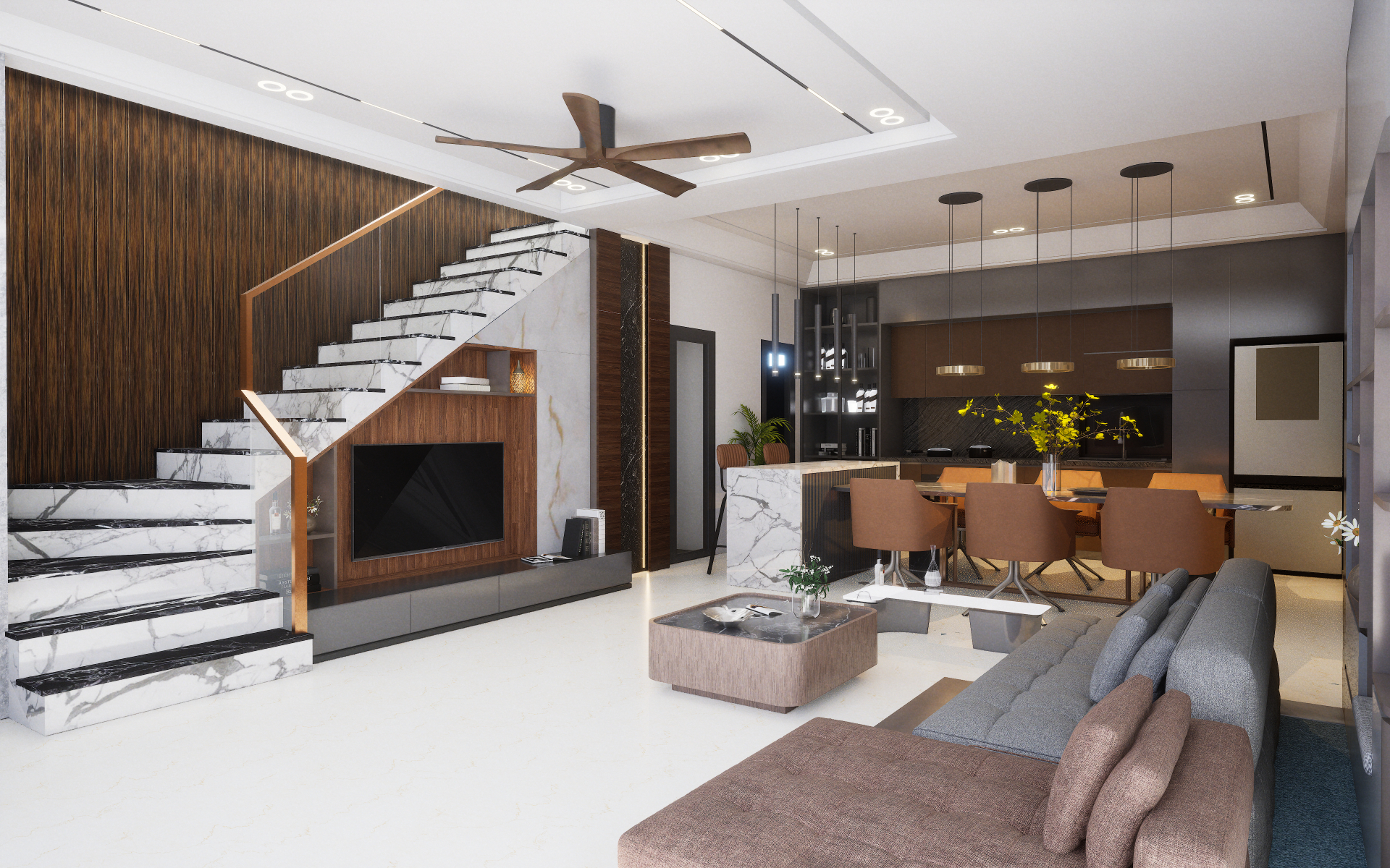 Eclectic dining and open kitchen featuring bold patterned floors and global spice rack wall display | Material Depot