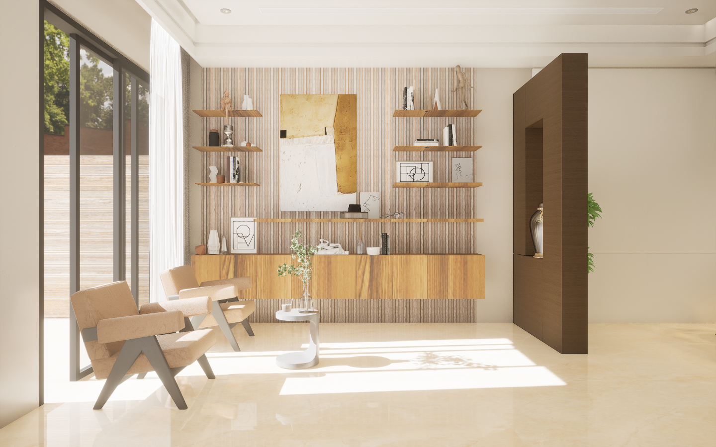 Modern dining space with grey wood-look vinyl plank flooring and geometric patterned wallpaper | Material Depot