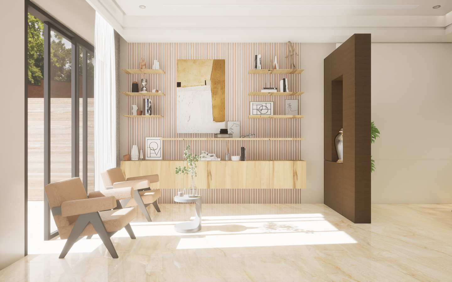 Modern dining space with grey wood-look vinyl plank flooring and geometric patterned wallpaper | Material Depot