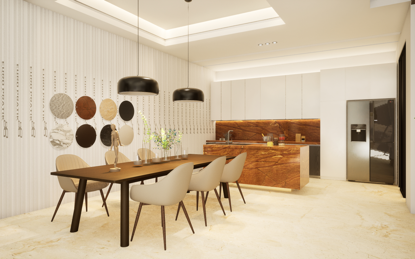 Modern dining space with grey wood-look vinyl plank flooring and geometric patterned wallpaper | Material Depot