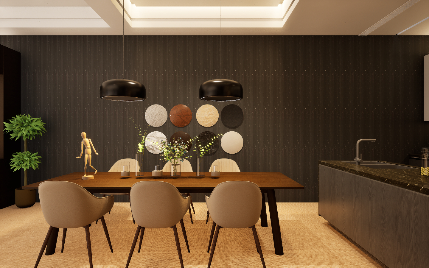 Modern dining space with grey wood-look vinyl plank flooring and geometric patterned wallpaper | Material Depot