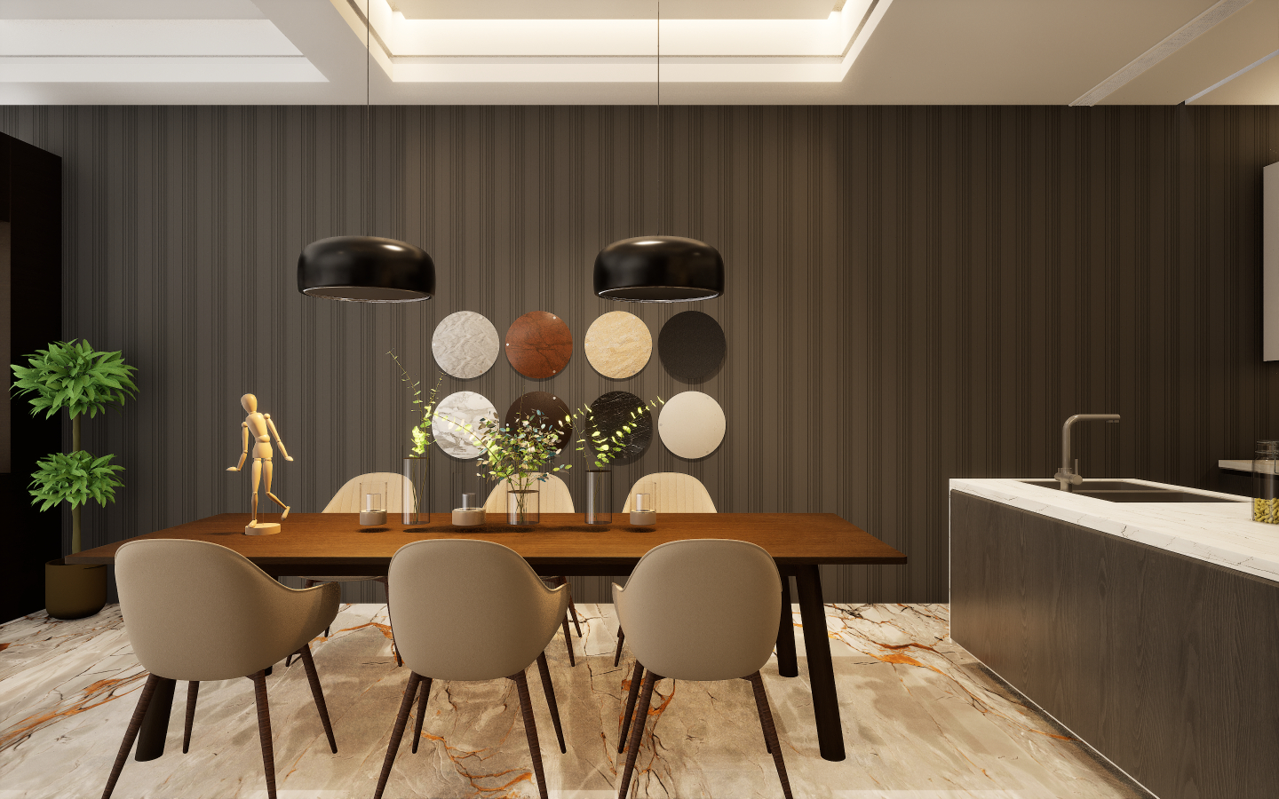 Modern dining space with grey wood-look vinyl plank flooring and geometric patterned wallpaper | Material Depot