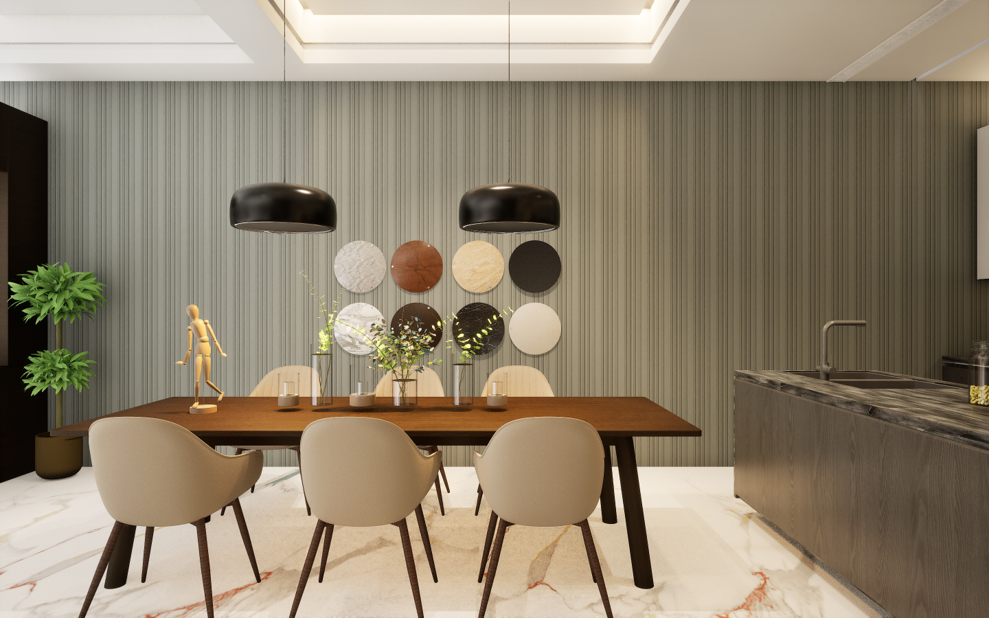 Modern dining space with grey wood-look vinyl plank flooring and geometric patterned wallpaper | Material Depot