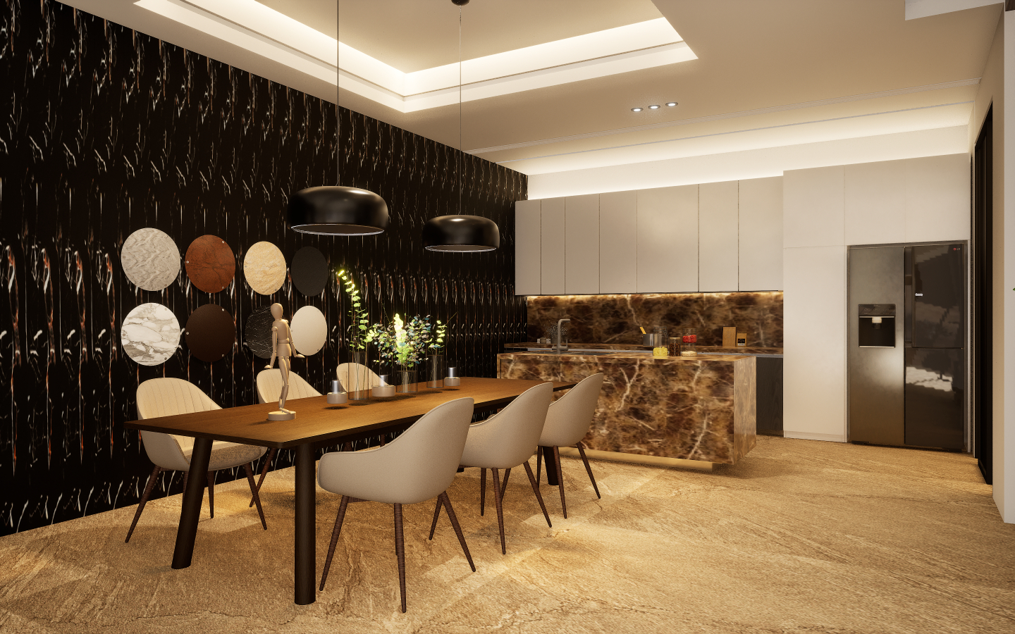 Modern dining space with grey wood-look vinyl plank flooring and geometric patterned wallpaper | Material Depot