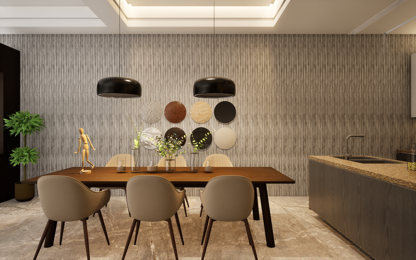 Modern dining space with grey wood-look vinyl plank flooring and geometric patterned wallpaper | Material Depot