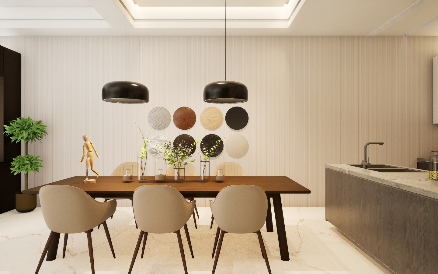 Modern dining space with grey wood-look vinyl plank flooring and geometric patterned wallpaper | Material Depot