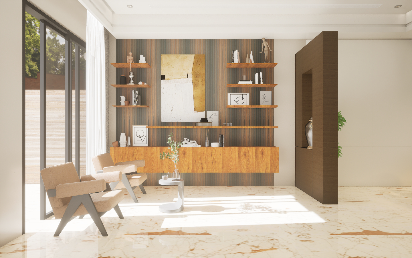 Modern dining space with grey wood-look vinyl plank flooring and geometric patterned wallpaper | Material Depot