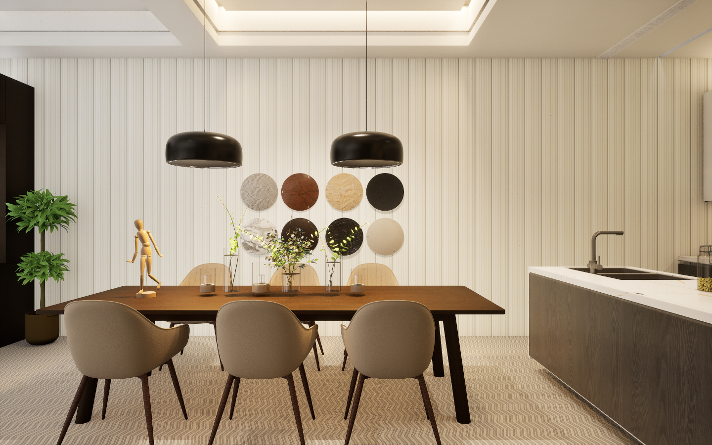 Modern dining space with grey wood-look vinyl plank flooring and geometric patterned wallpaper | Material Depot