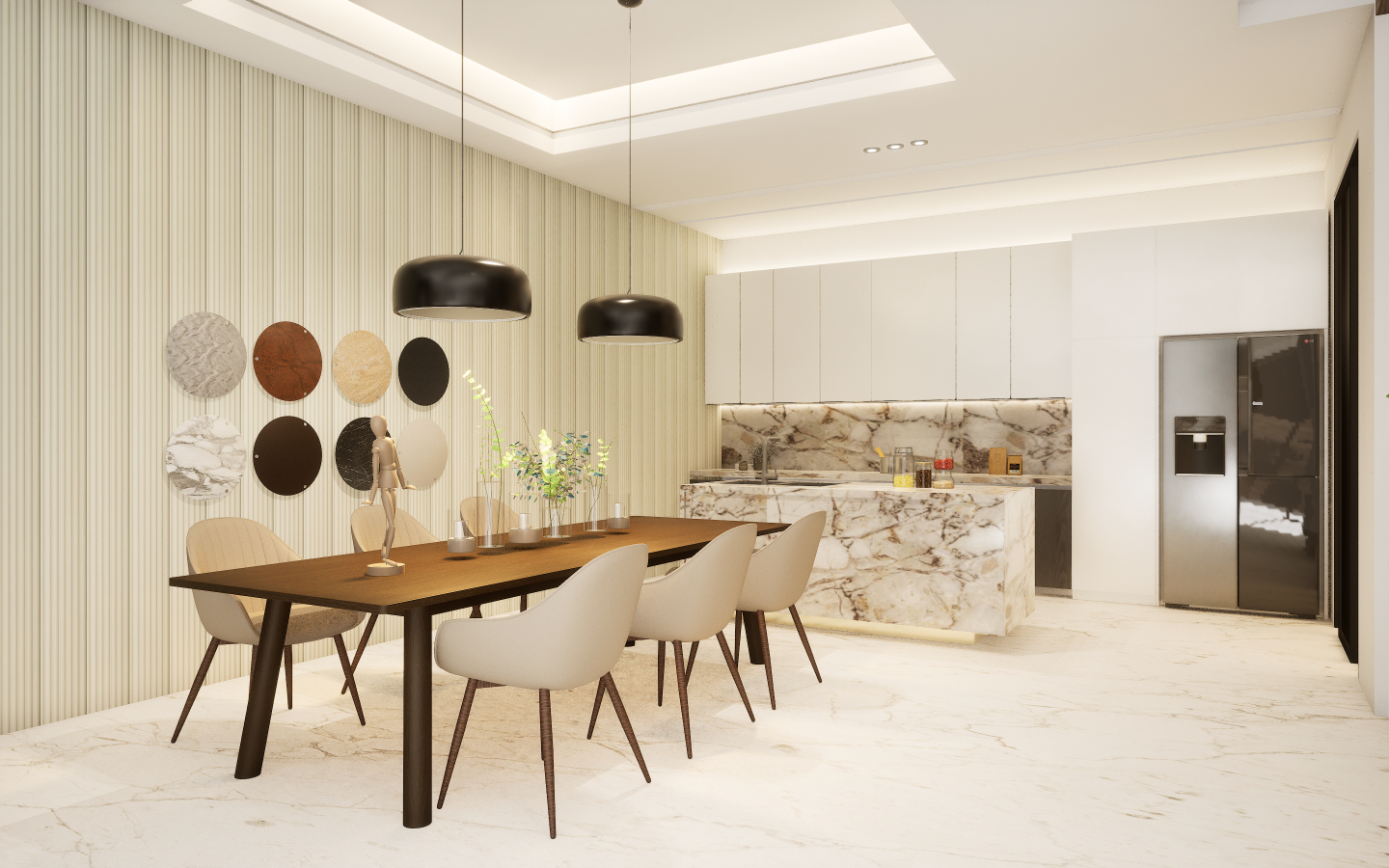 Modern dining space with grey wood-look vinyl plank flooring and geometric patterned wallpaper | Material Depot