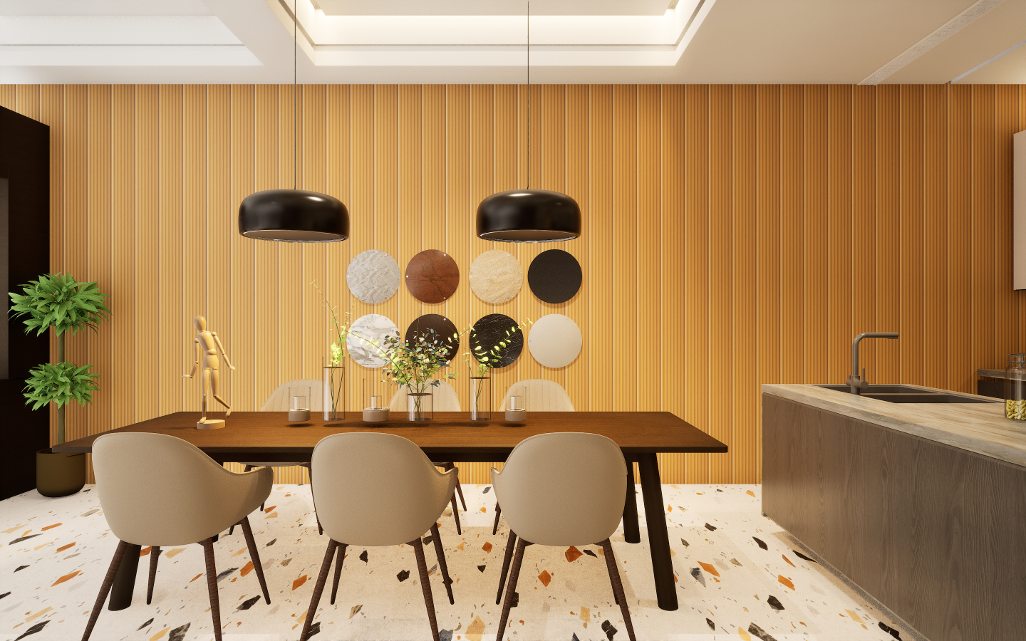 Modern dining space with grey wood-look vinyl plank flooring and geometric patterned wallpaper | Material Depot