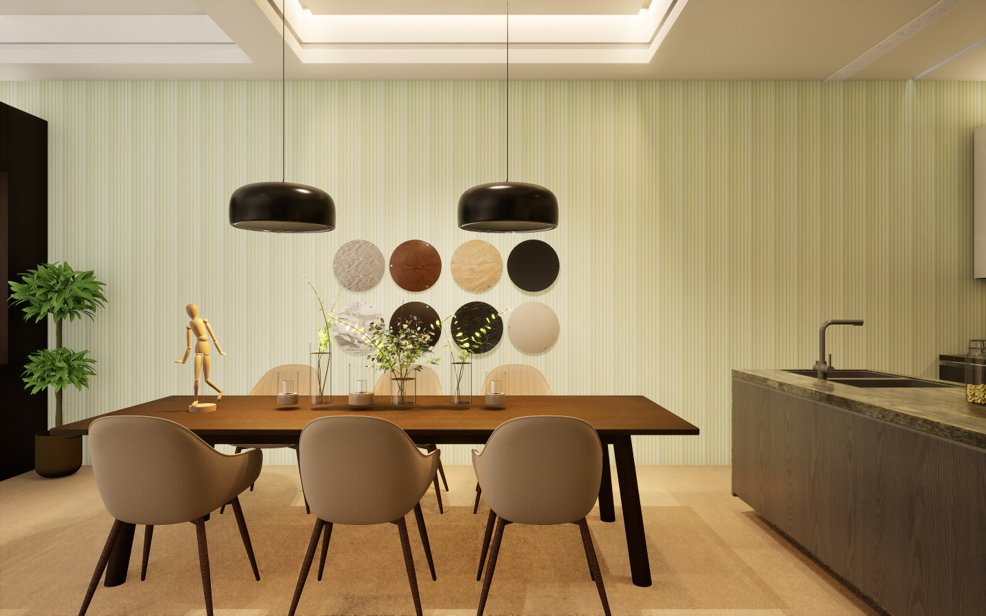 Modern dining space with grey wood-look vinyl plank flooring and geometric patterned wallpaper | Material Depot