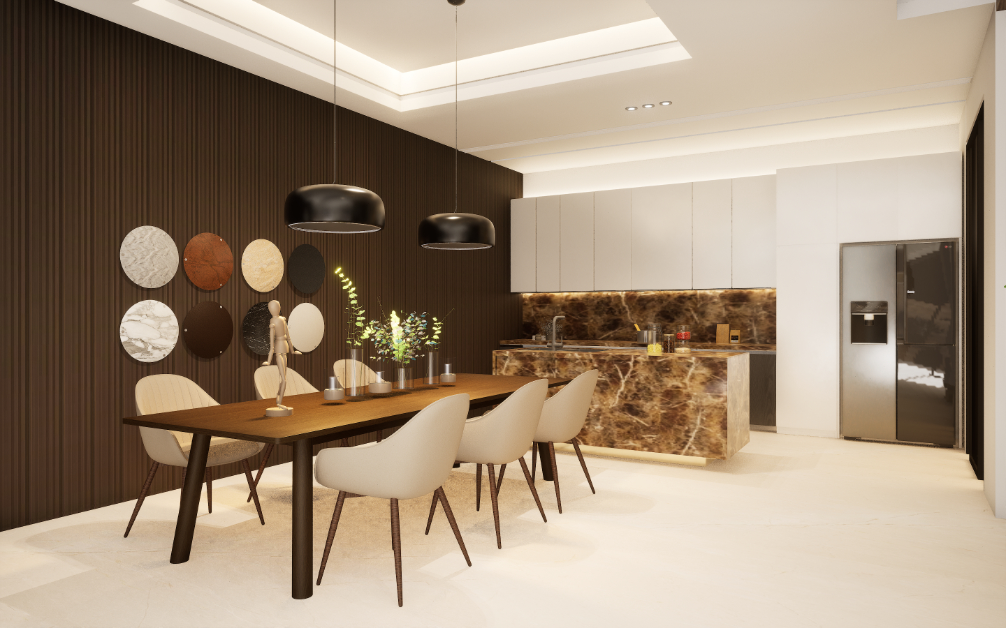 Modern dining space with grey wood-look vinyl plank flooring and geometric patterned wallpaper | Material Depot