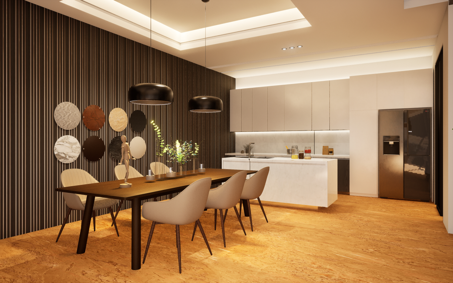 Modern dining space with grey wood-look vinyl plank flooring and geometric patterned wallpaper | Material Depot