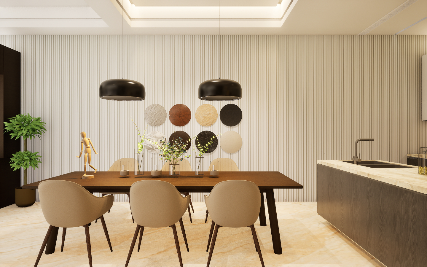 Modern dining space with grey wood-look vinyl plank flooring and geometric patterned wallpaper | Material Depot