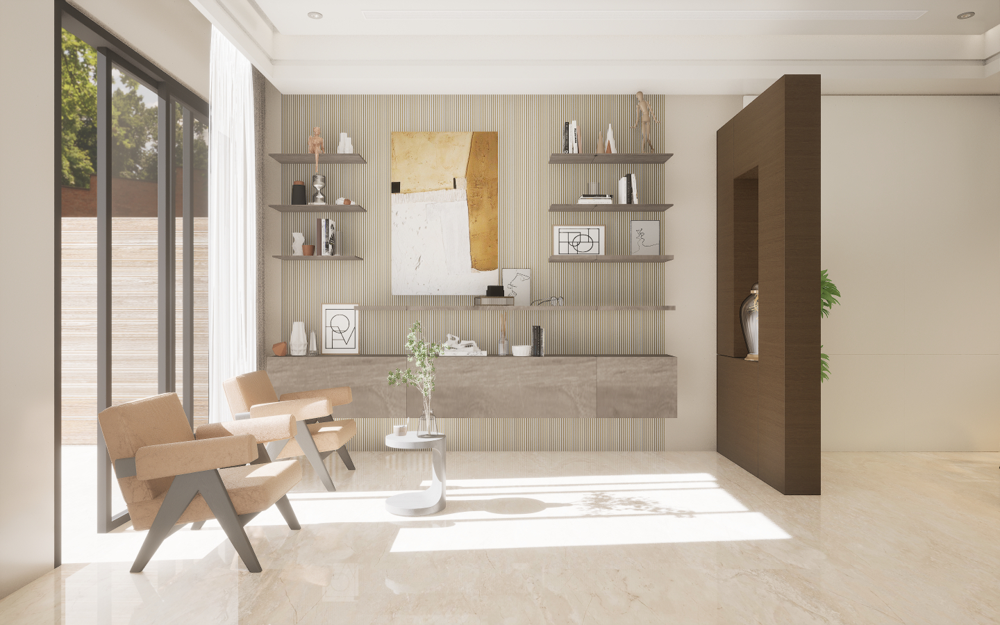 Modern dining space with grey wood-look vinyl plank flooring and geometric patterned wallpaper | Material Depot