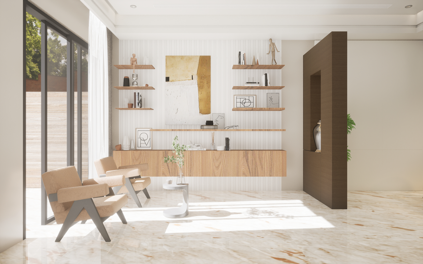 Modern dining space with grey wood-look vinyl plank flooring and geometric patterned wallpaper | Material Depot