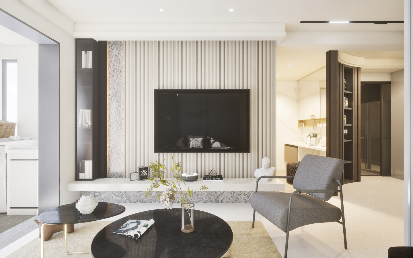 Traditional elegant living area featuring checkerboard black and white marble tiles and floral damask wallpaper | Material Depot