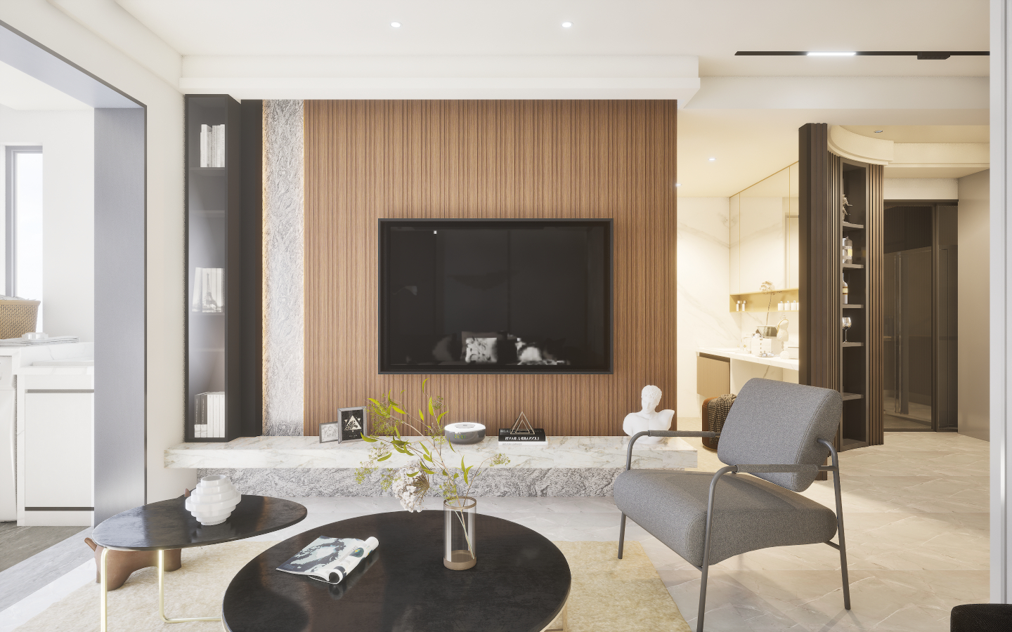 Elegant Living Room with Brown Panels Louver and White Laminate TV Unit