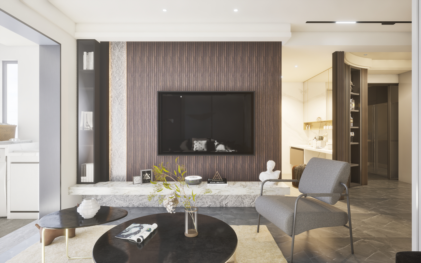 Traditional elegant living area featuring checkerboard black and white marble tiles and floral damask wallpaper | Material Depot