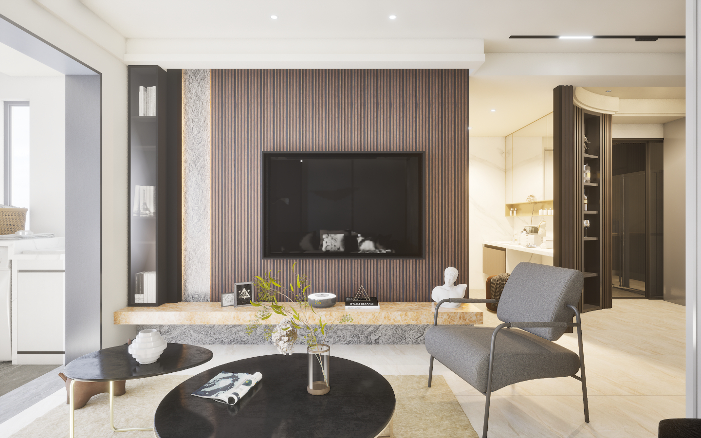 Traditional elegant living area featuring checkerboard black and white marble tiles and floral damask wallpaper | Material Depot