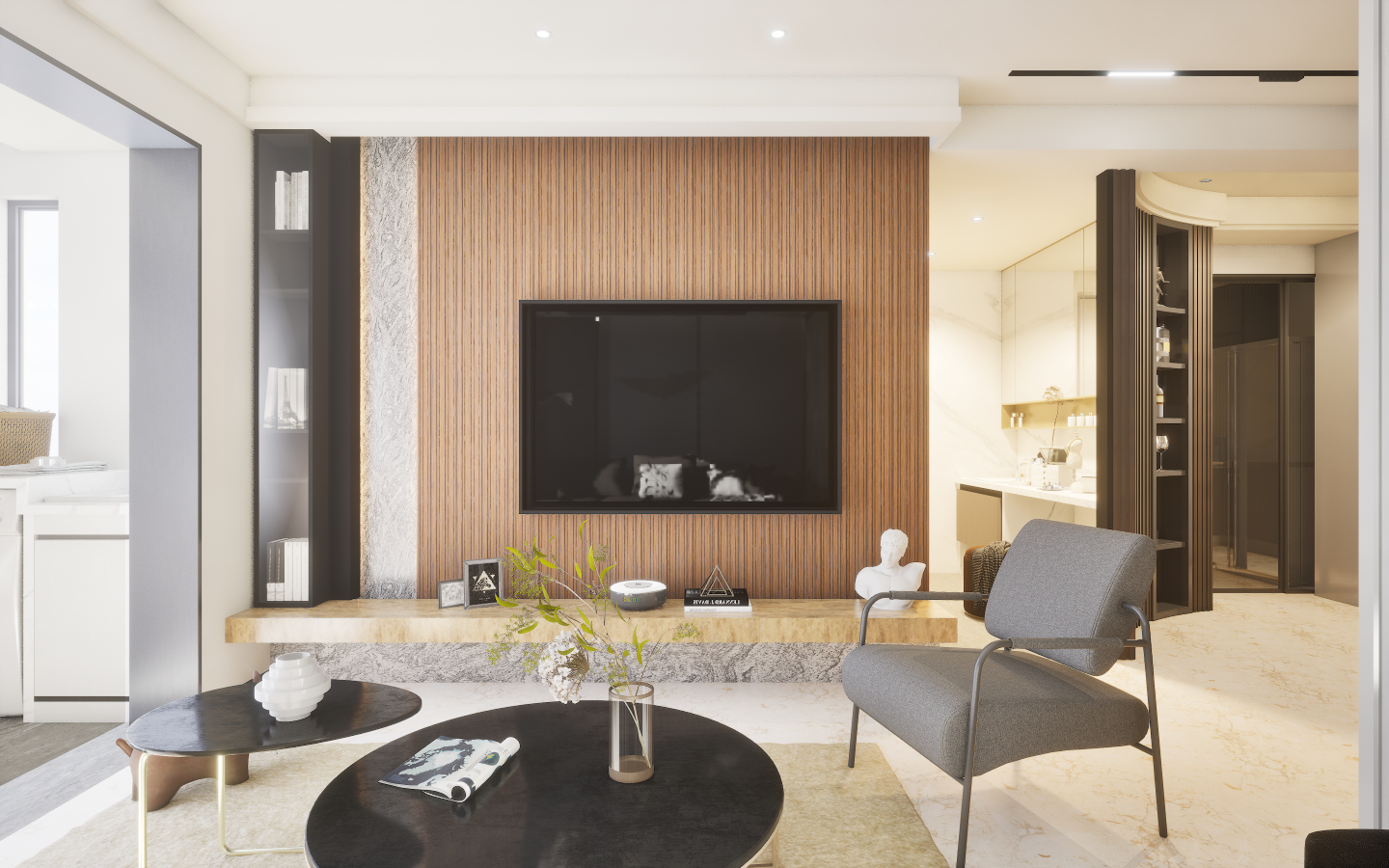 Modern Living Room, Brown Louver Panels, Mica TV Unit