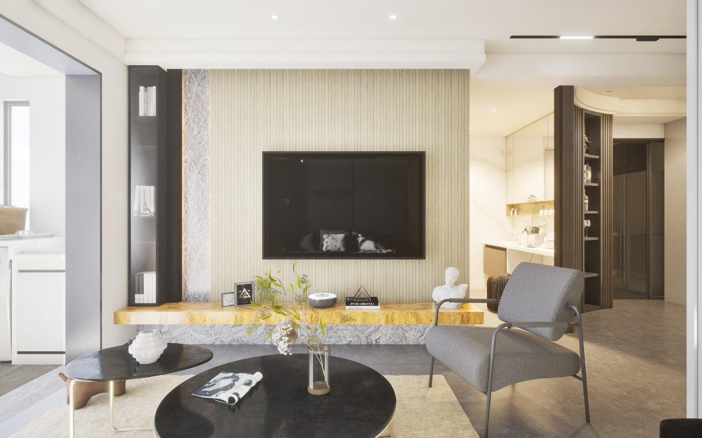 Traditional elegant living area featuring checkerboard black and white marble tiles and floral damask wallpaper | Material Depot