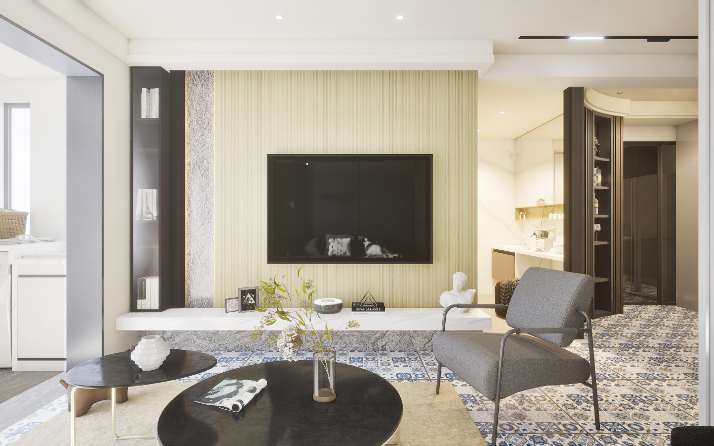 Modern Living Room with Brown Laminates and Moroccan Tile