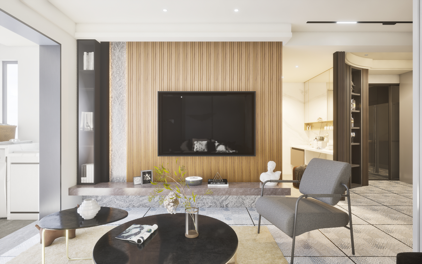 Traditional elegant living area featuring checkerboard black and white marble tiles and floral damask wallpaper | Material Depot