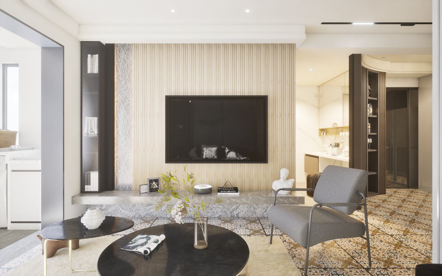 Traditional elegant living area featuring checkerboard black and white marble tiles and floral damask wallpaper | Material Depot