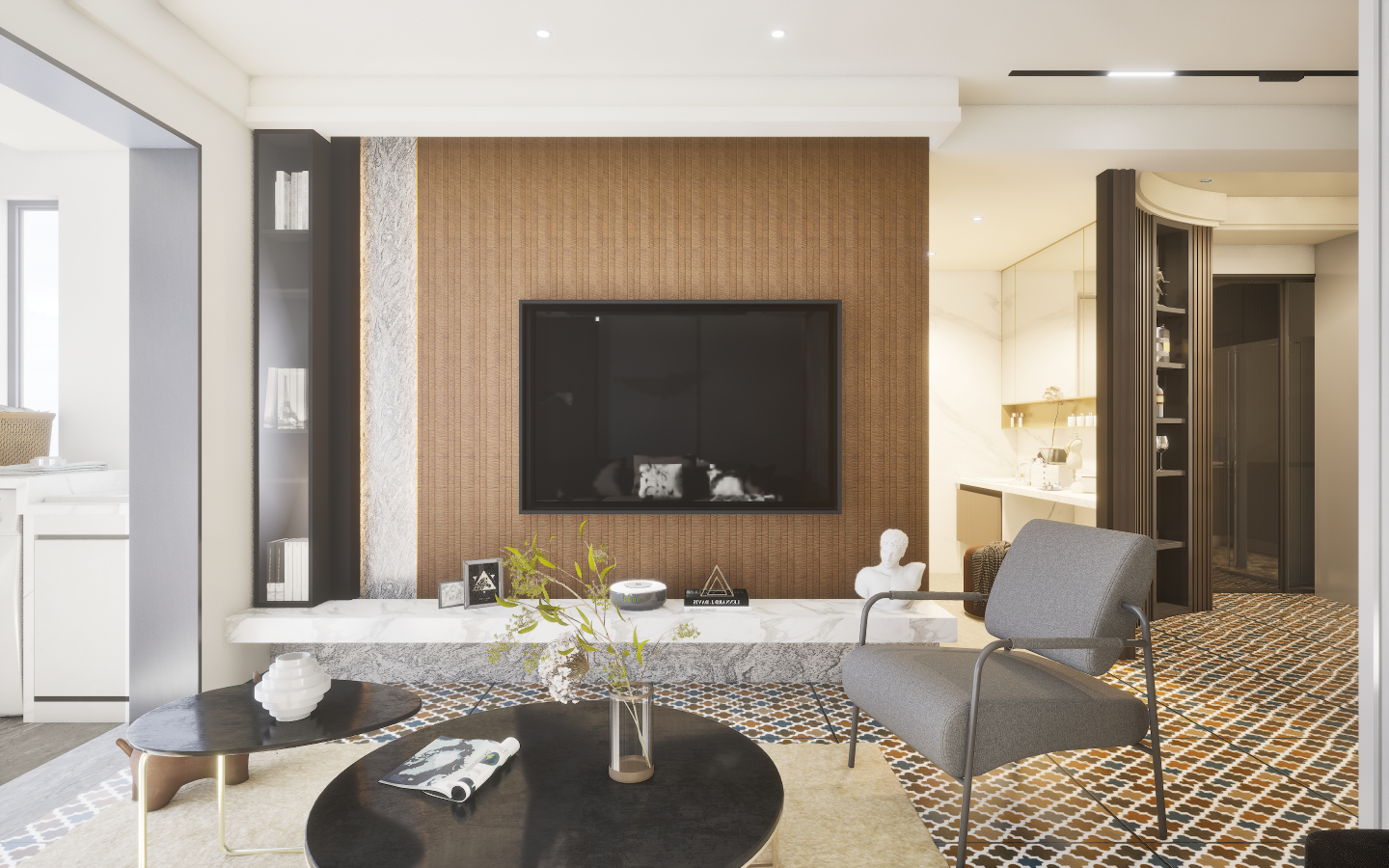 Traditional elegant living area featuring checkerboard black and white marble tiles and floral damask wallpaper | Material Depot