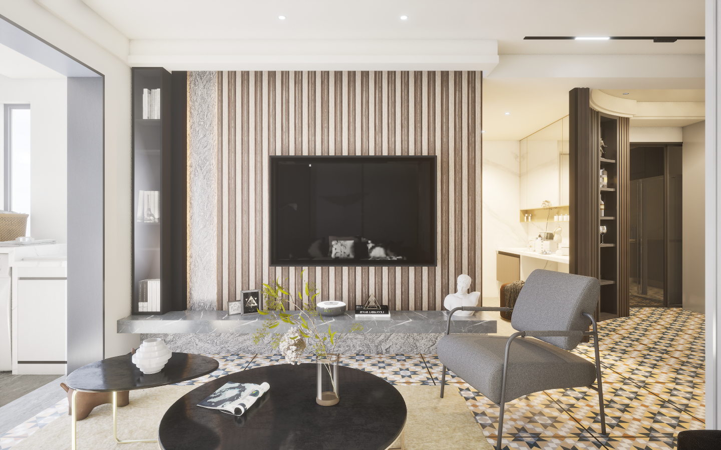 Traditional elegant living area featuring checkerboard black and white marble tiles and floral damask wallpaper | Material Depot