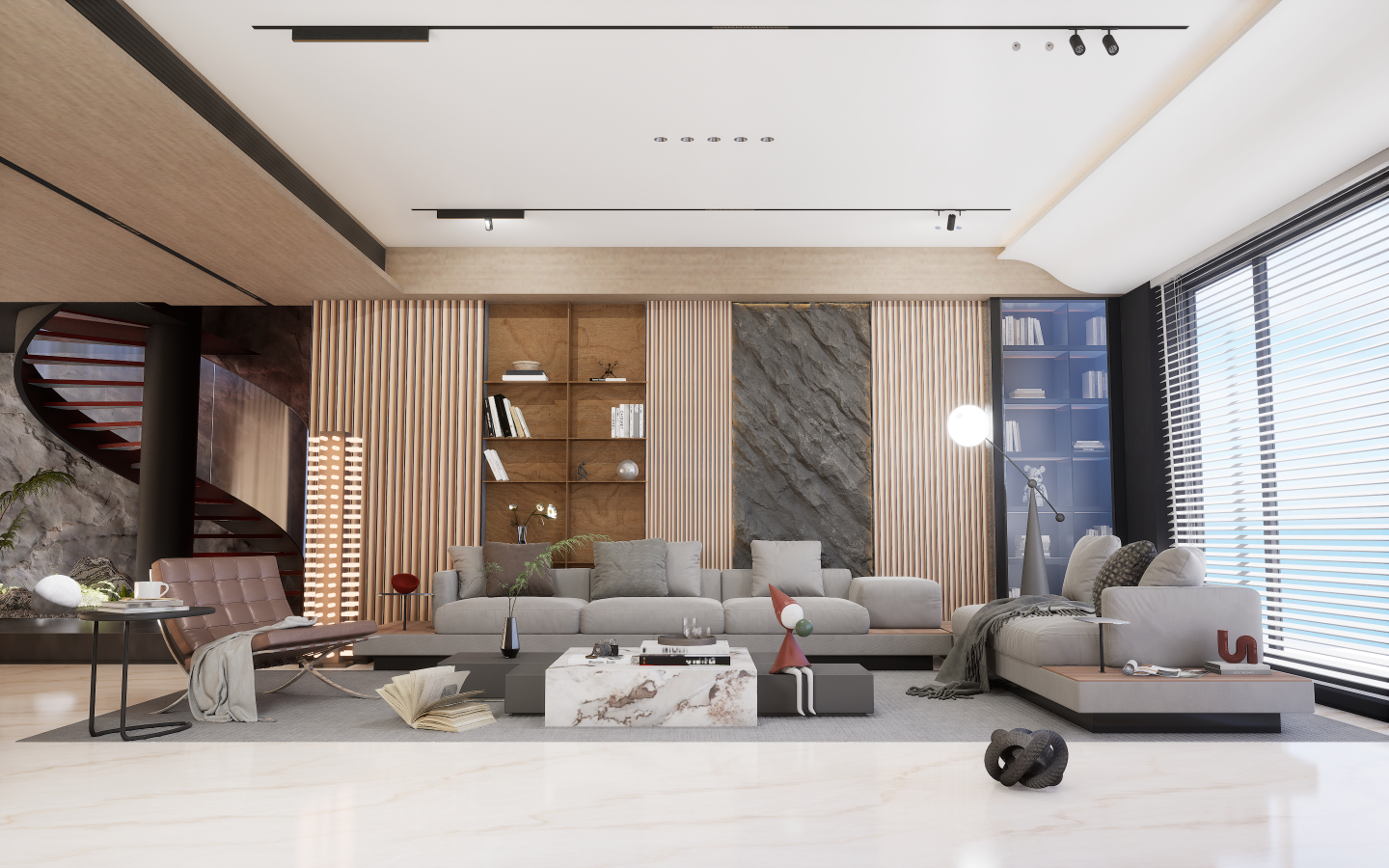 Coastal inspired living and dining area with whitewashed floors and navy striped walls | Material Depot