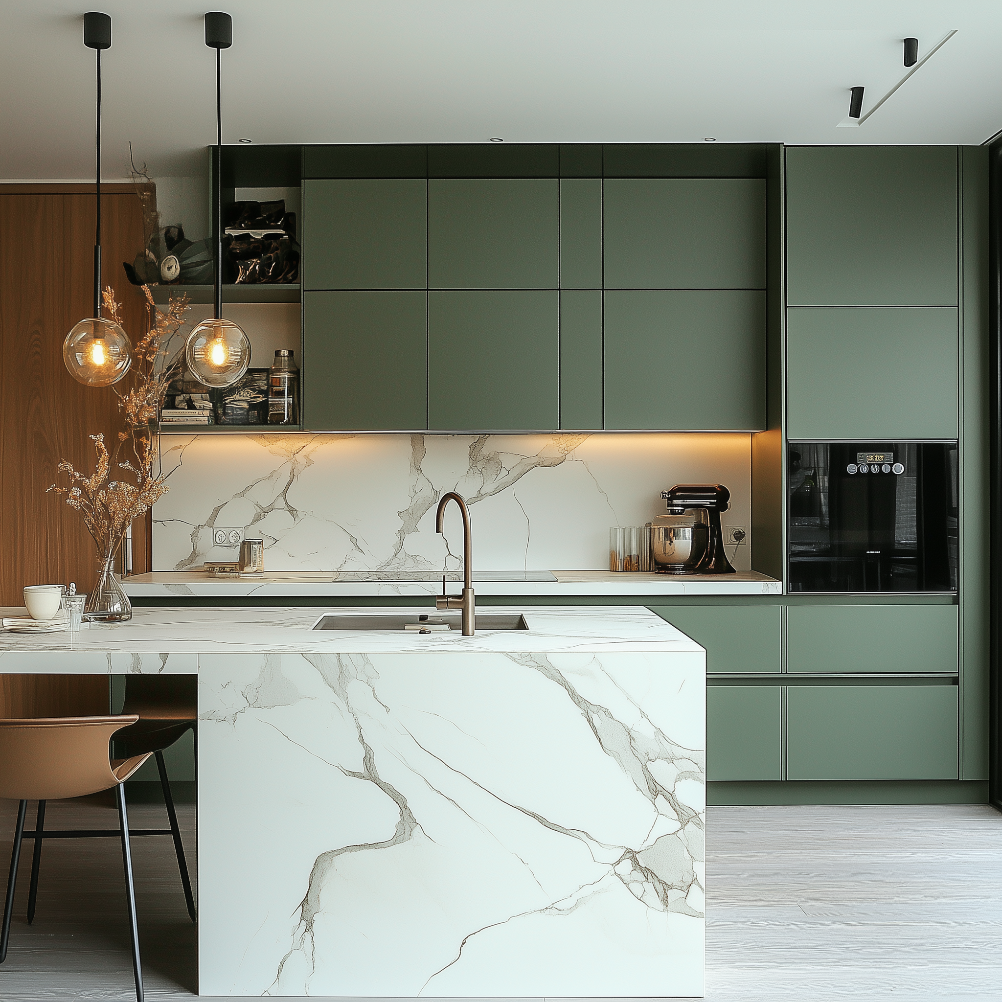 A Luxurious Kitchen Retreat: A Blend of Green and Marble Elegance | Material Depot