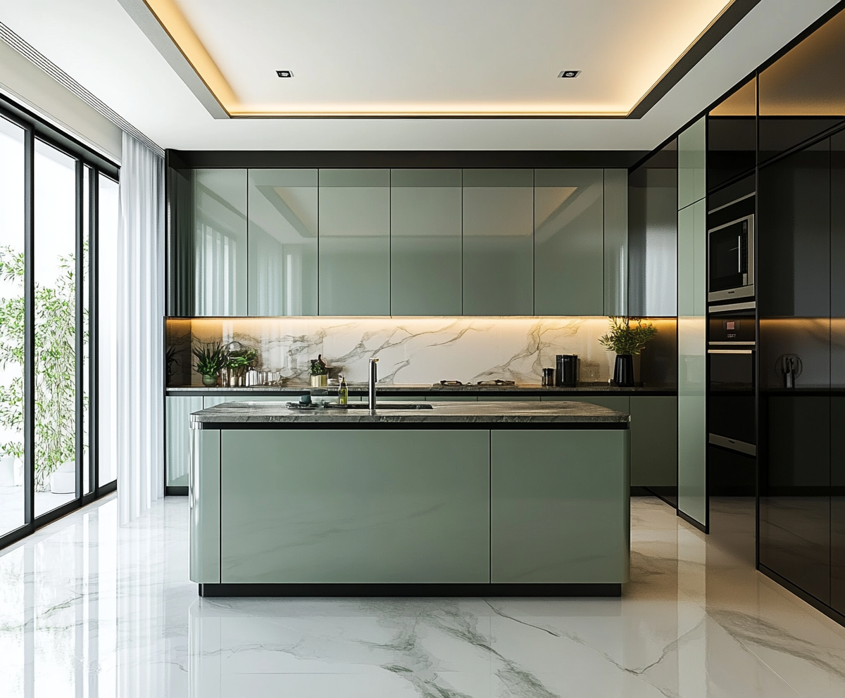 A Serene Green Kitchen: A Modern Oasis with Luxurious Touches | Material Depot