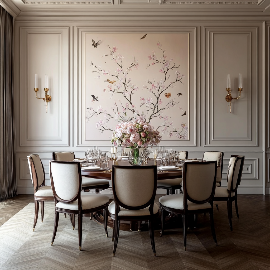 A Timeless Elegance: A Classic Dining Room with Floral Accents and Wood Paneling | Material Depot