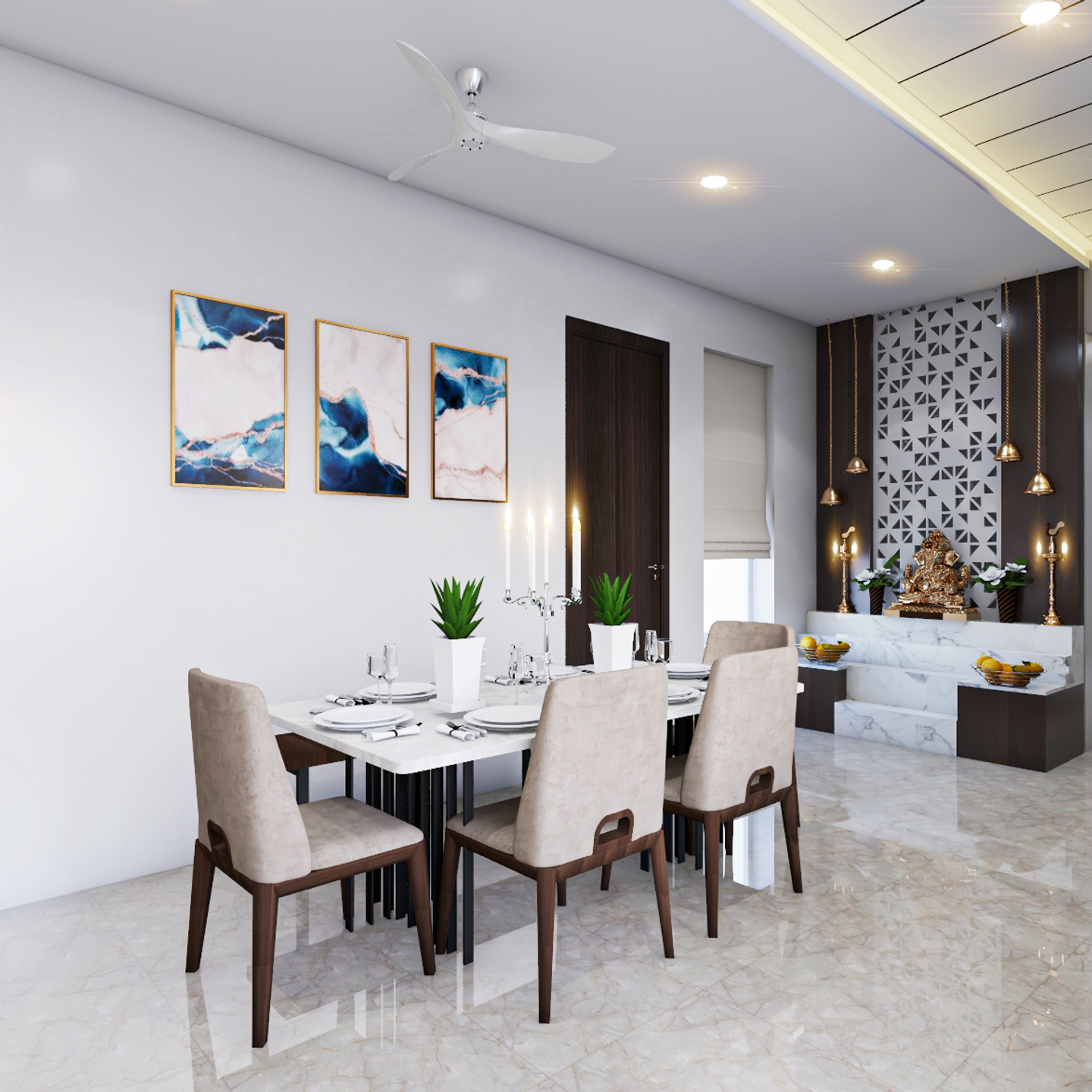 white marble dining area wih elegant area in dining hall