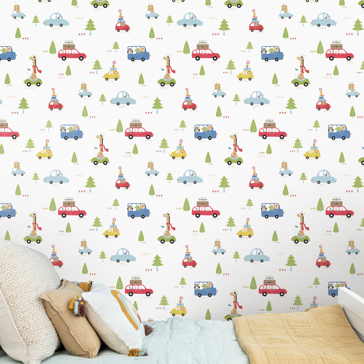 A close-up of a Animal Explorers on Wheels, Adorable Wallpaper Design for Kids, Off White 19.6 Inches(W) x 420 Inches(H) Atarangi Series Patterned Patterned - 57 Sq. Ft. with a finish available at Material Depot in Bangalore