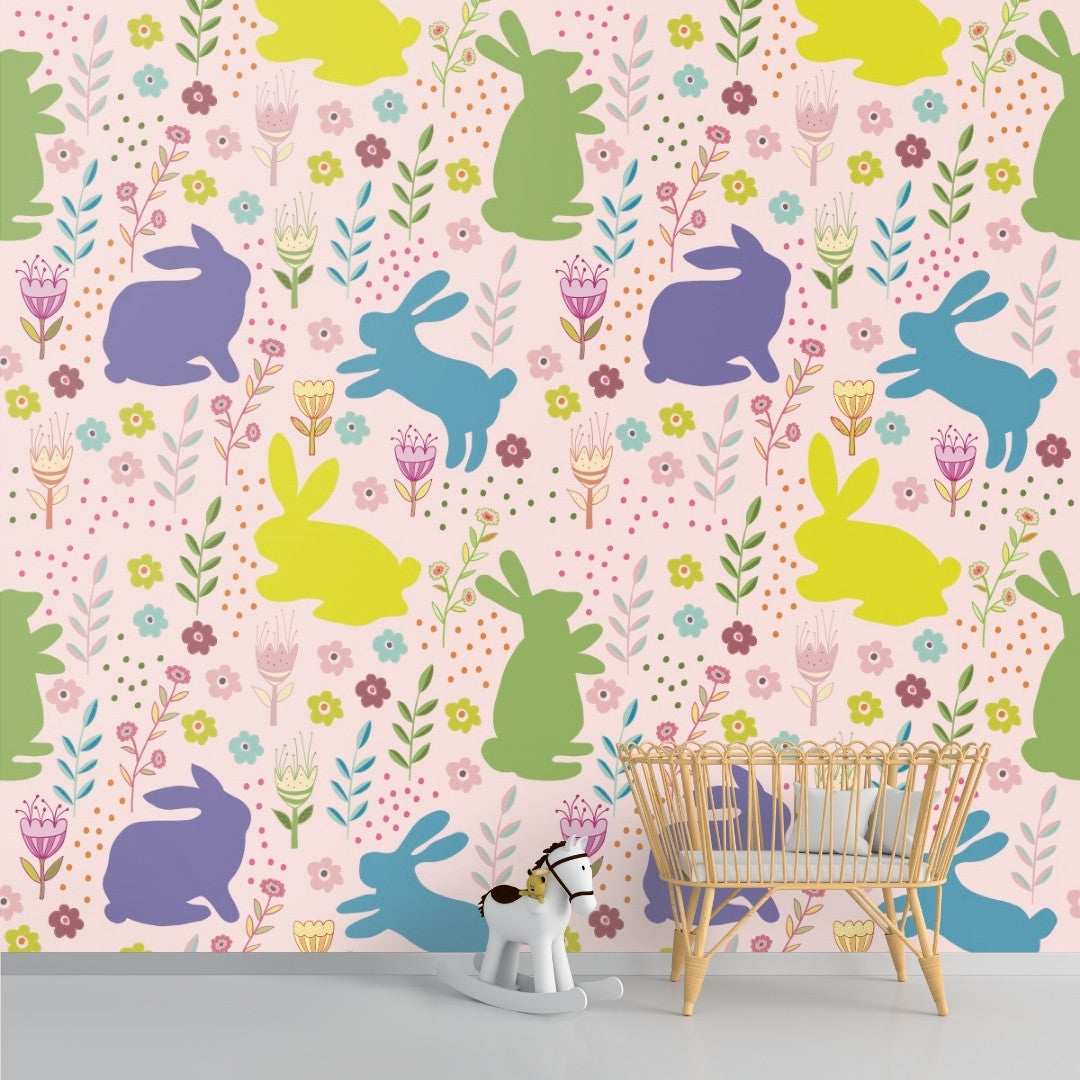 A close-up of a Cute Bunnies Wallpaper for Kids Bedroom Sparkla N Shine Series Entertainment Design (Customised Size Wallpaper) with a finish available at Material Depot in Bangalore