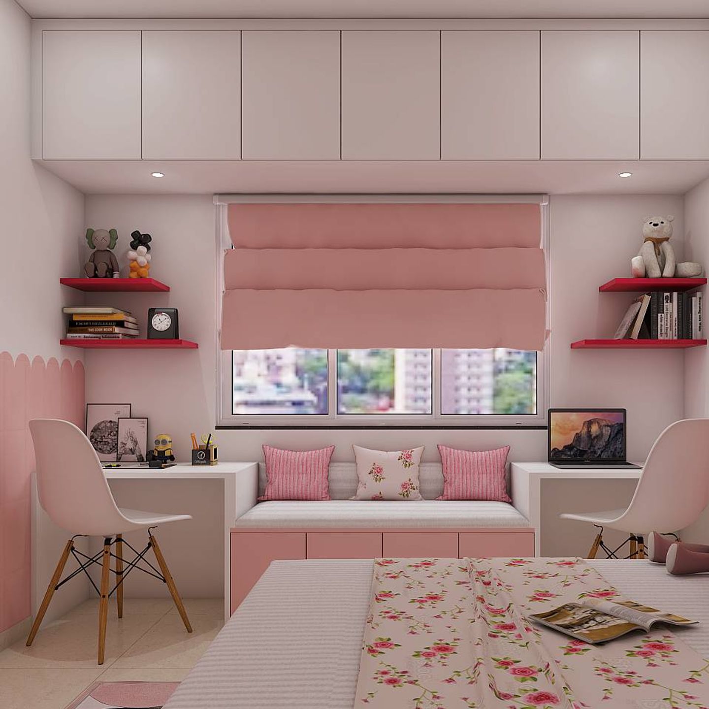 Charming pink kid's bedroom with loft.