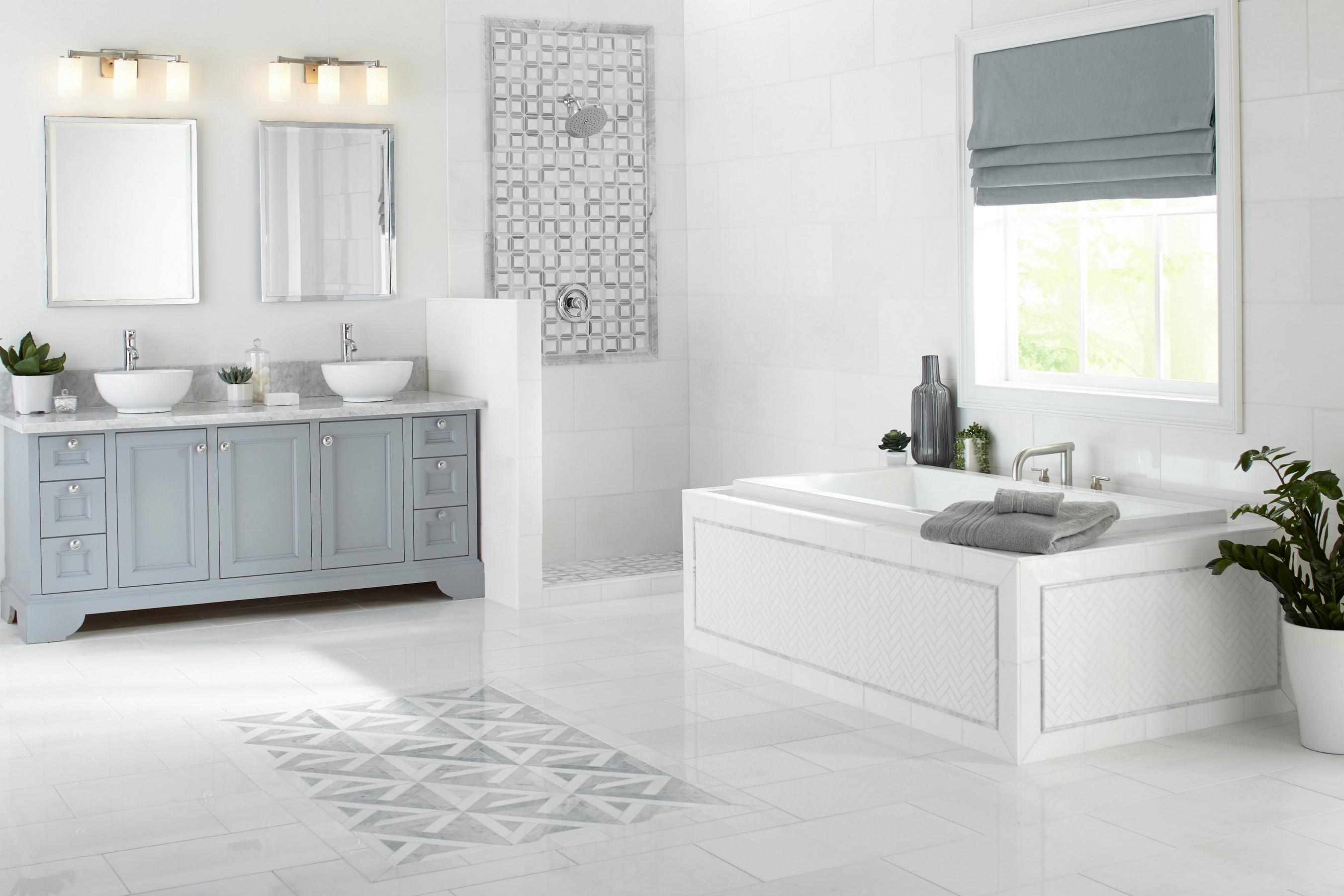 Bathroom with marble floor and patterned tiles