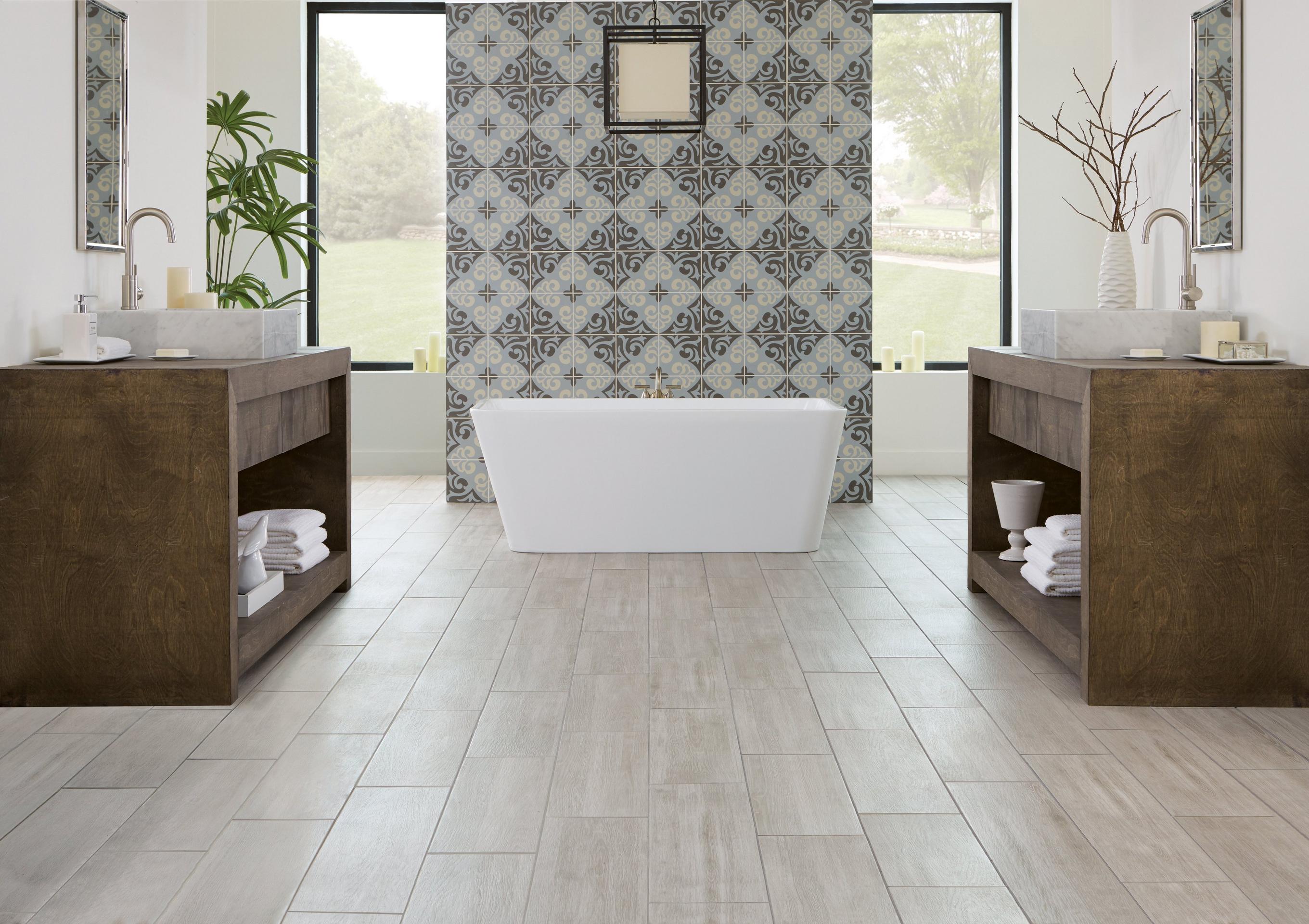 Bathroom with wooden floor and cabinet laminate and patterned tile