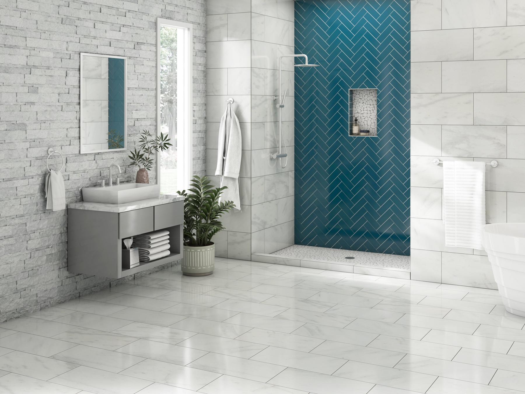 Bathroom with stone tile and blue patterned wall tile