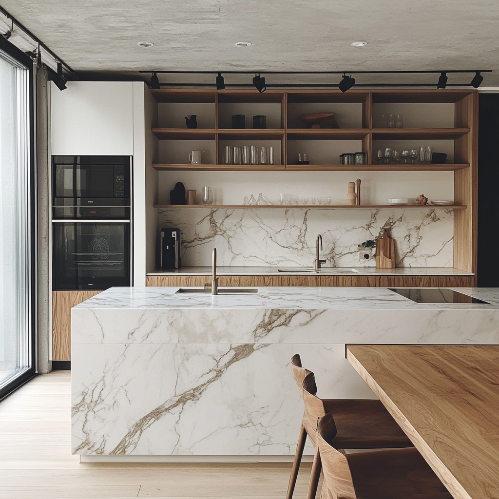 Airy and Bright Open-Plan Kitchen with Marble Waterfall Island | Material Depot