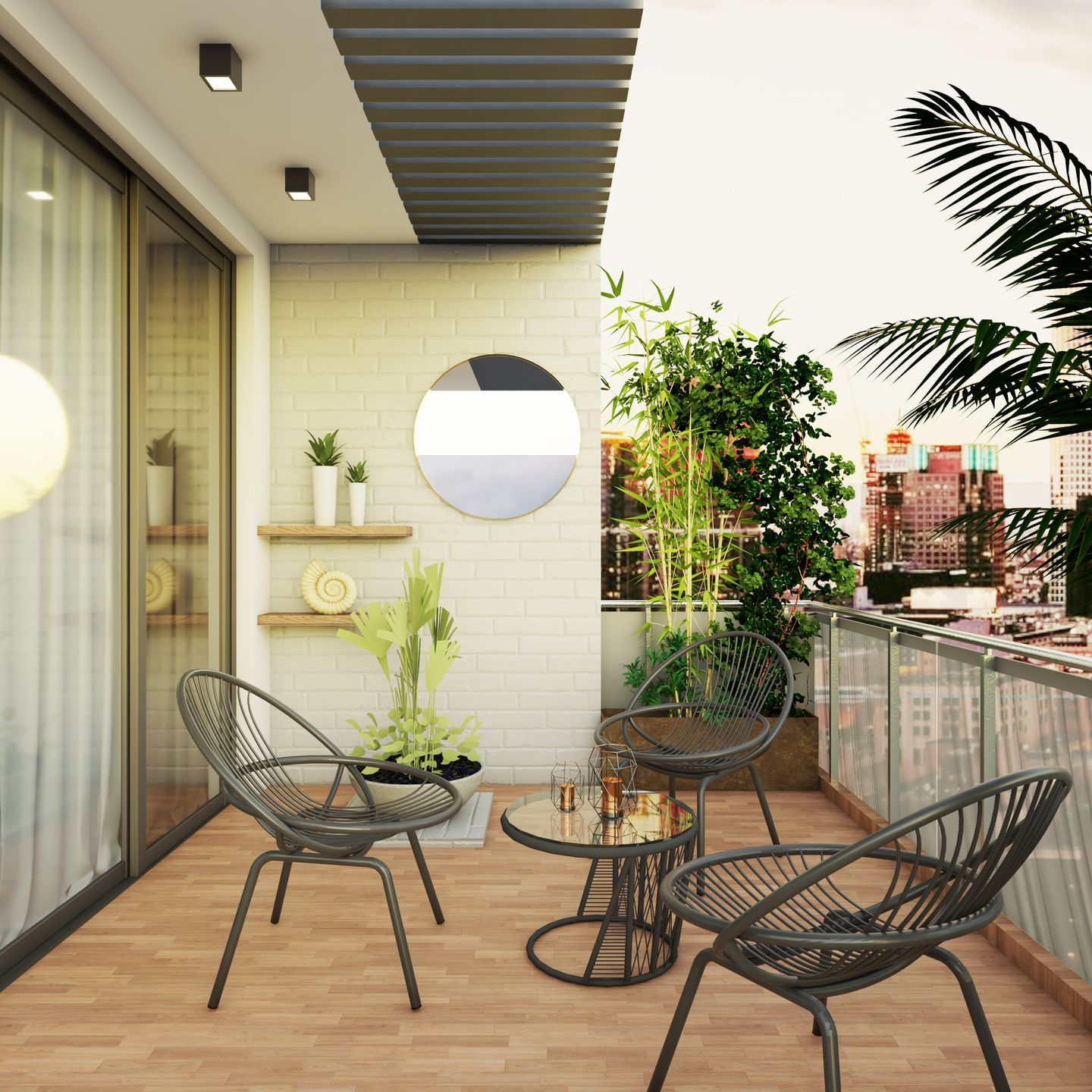 Spacious open balcony with ledges and plants.