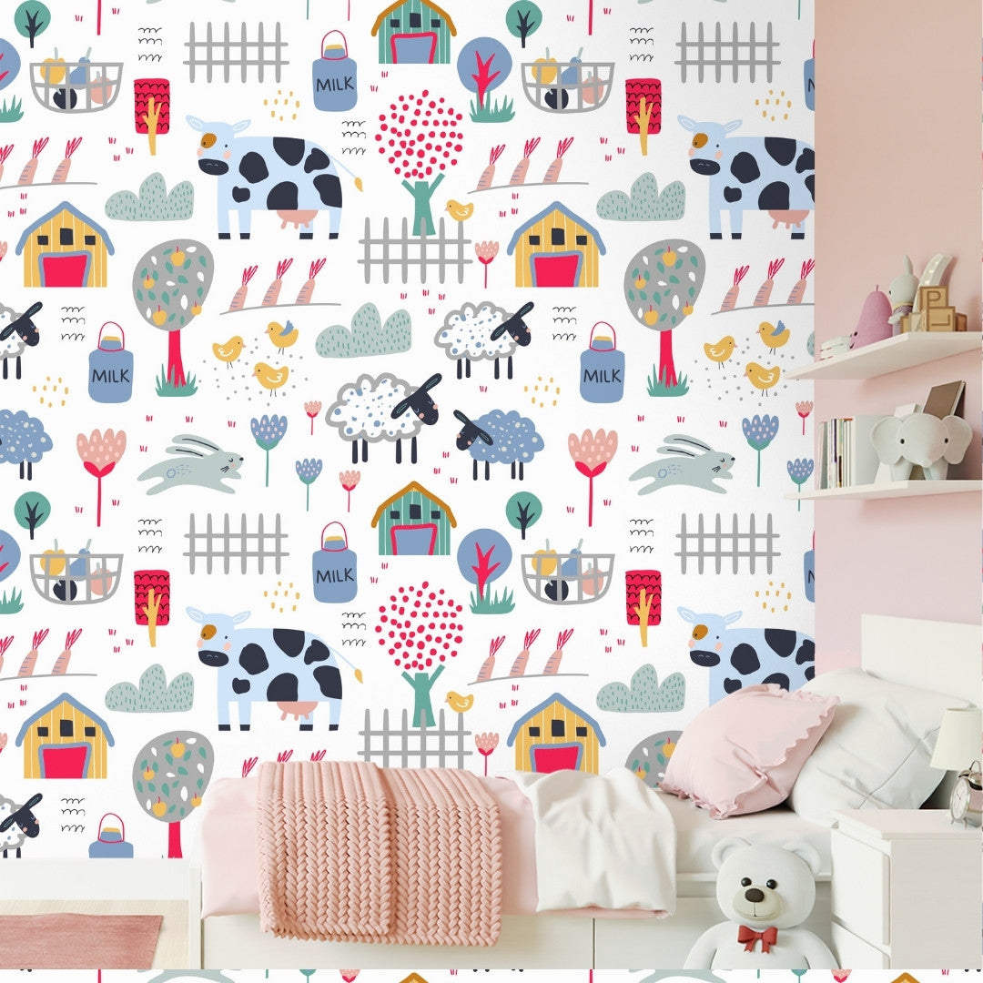 A close-up of a Animal Farm Wallpaper for Kids Nursery Room Wallpaper Sparkla N Shine Series Entertainment Design (Customised Size Wallpaper) with a finish available at Material Depot in Bangalore