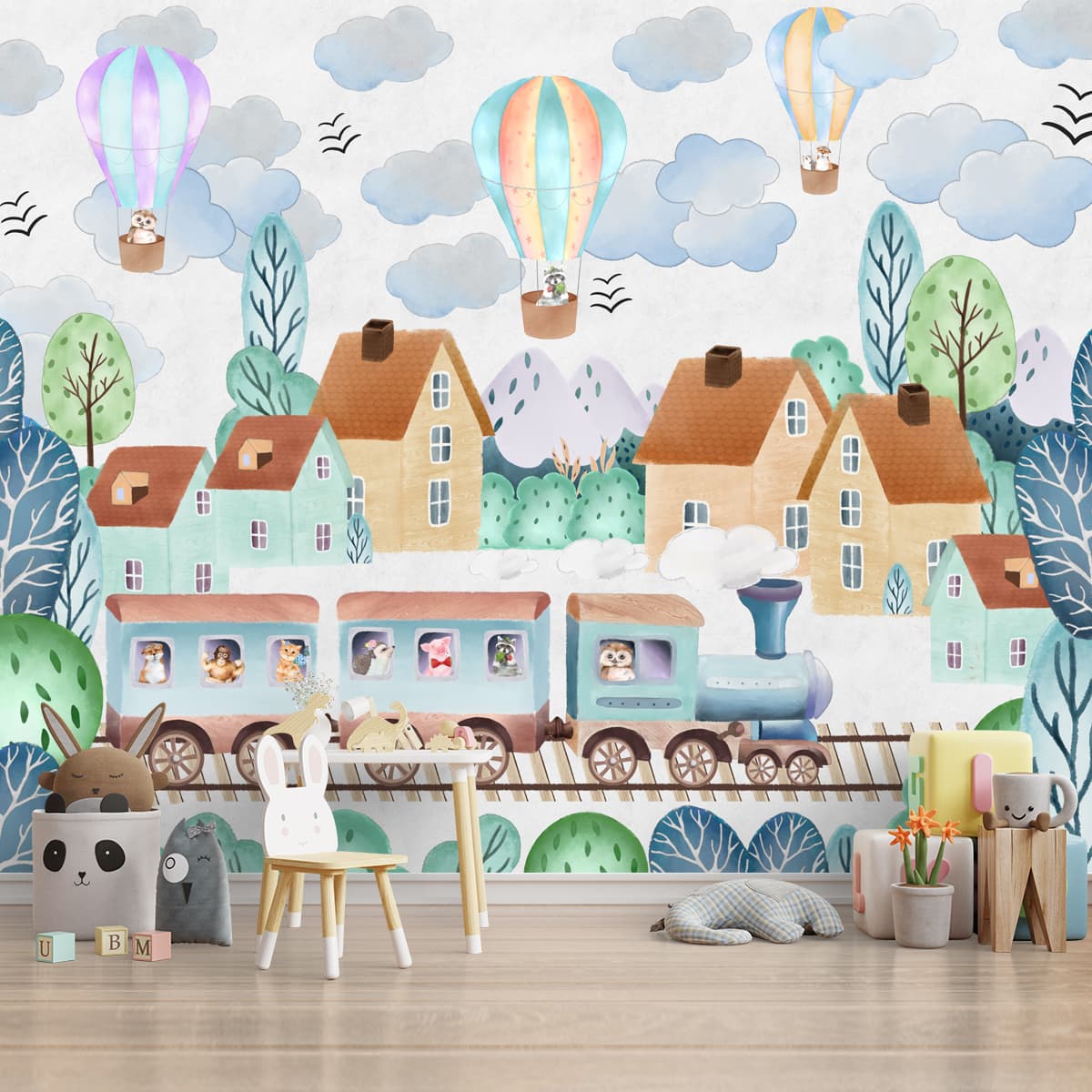 A close-up of a Around the Town, Cute Train Wallpaper Design for Kids, Customised Sparkla N Shine Series Entertainment Design (Customised Size Wallpaper) with a finish available at Material Depot in Bangalore