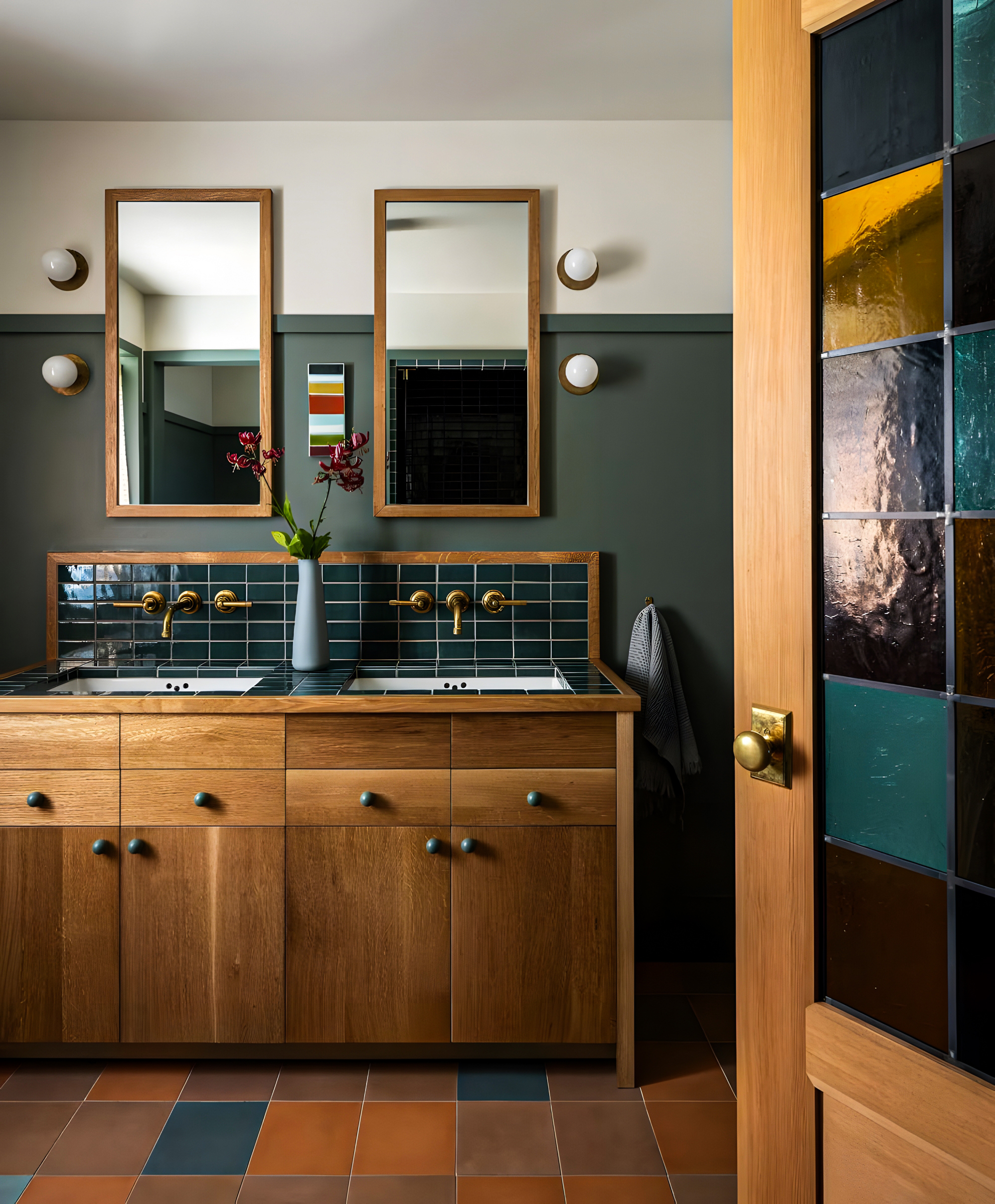 Artistic Bathroom with Colorful Stained Glass and Wood Details | Material Depot