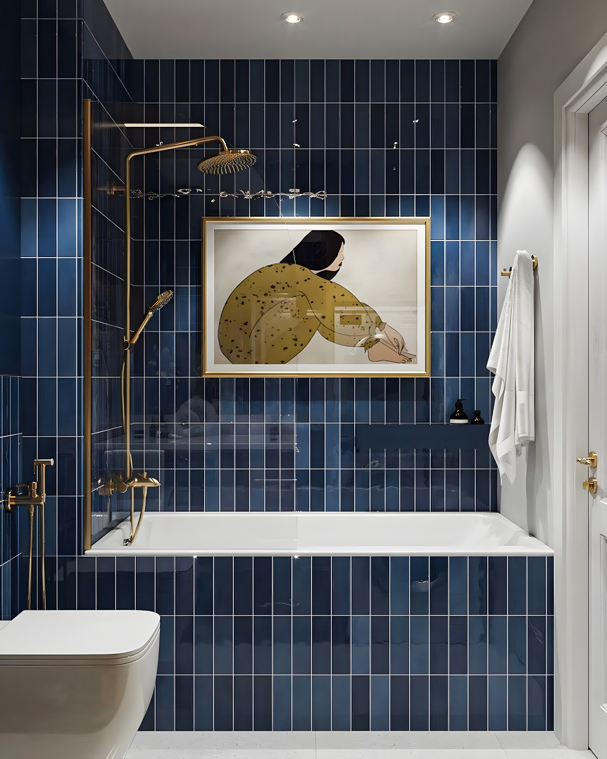 Artistic Elegance: Navy Blue Bathroom with Golden Accents | Material Depot